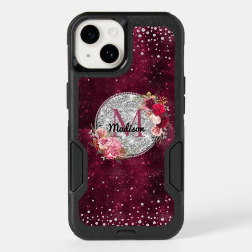 Chic faux Silver Glitter Burgundy Floral monogram OtterBox iPhone 14 Case