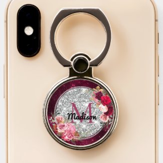 Chic faux Silver Glitter Burgundy Floral monogram