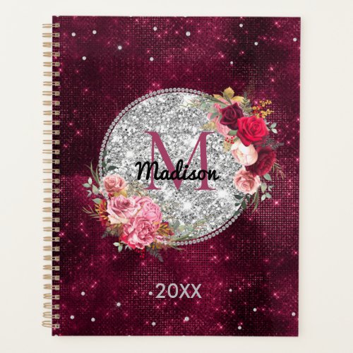 Chic faux Silver Glitter Burgundy Floral monogram Planner