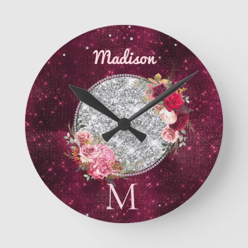 Chic faux Silver Glitter Burgundy Floral monogram Round Clock