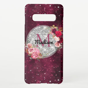 Chic faux Silver Glitter Burgundy Floral monogram Samsung Galaxy S10+ Case
