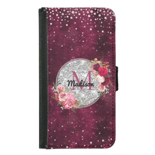 Chic faux Silver Glitter Burgundy Floral monogram  Samsung Galaxy S5 Wallet Case