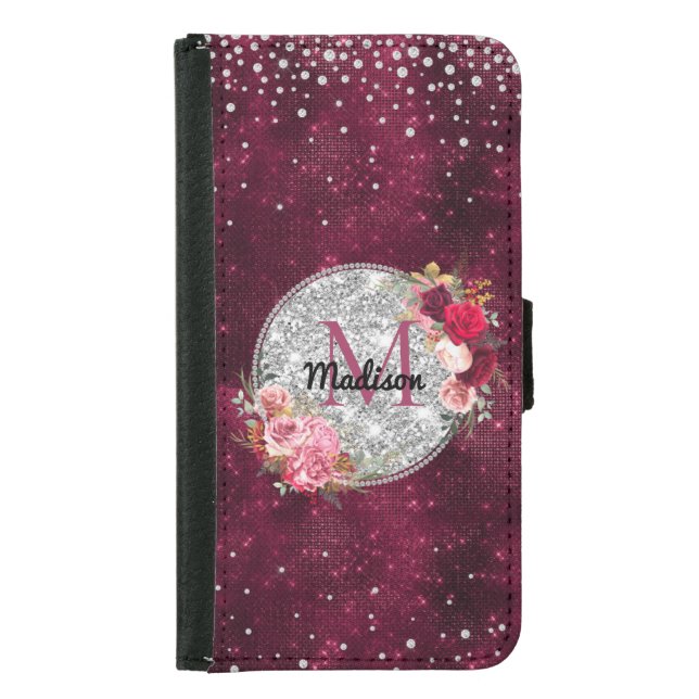 Chic faux Silver Glitter Burgundy Floral monogram  Samsung Galaxy Wallet Case (Front)