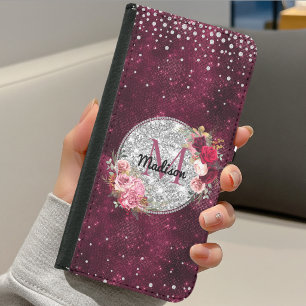 Chic faux Silver Glitter Burgundy Floral monogram Samsung Galaxy S5 Wallet Case