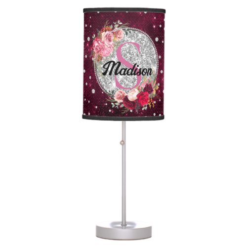 Chic faux Silver Glitter Burgundy Floral monogram Table Lamp