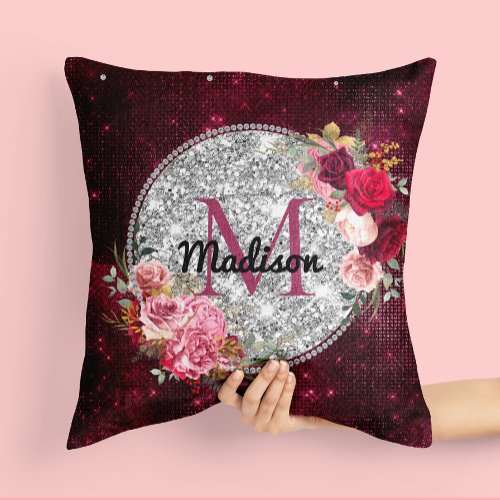 Chic faux Silver Glitter Burgundy Floral monogram Throw Pillow