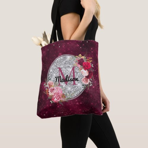 Chic faux Silver Glitter Burgundy Floral monogram Tote Bag