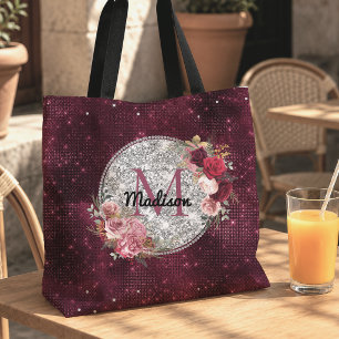 Chic faux Silver Glitter Burgundy Floral monogram Tote Bag