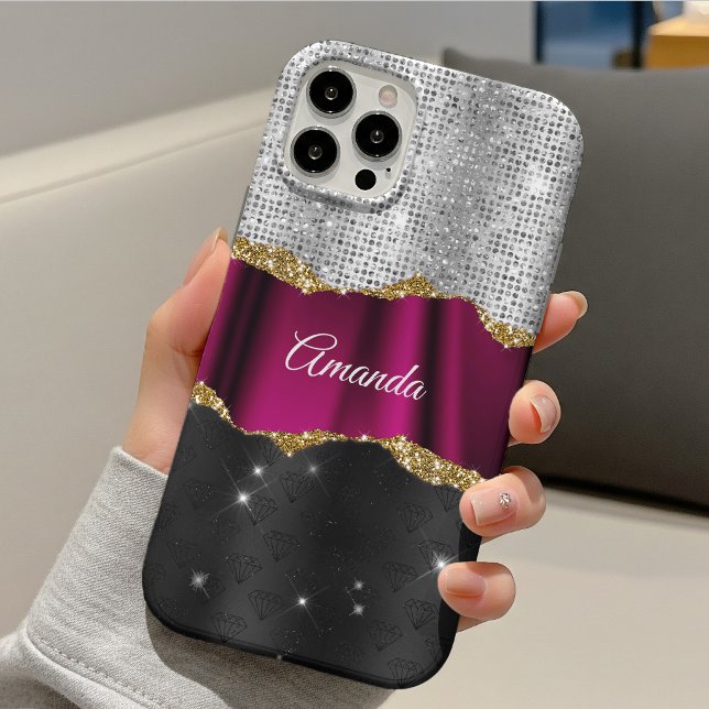Chic faux silver glitter Fuchsia black monogram Case-Mate iPhone Case (Creator Uploaded)