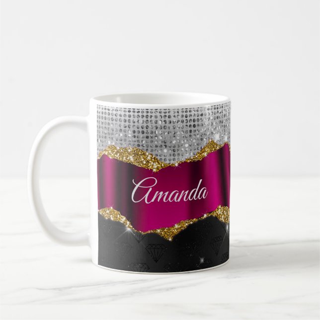 Chic faux silver glitter Fuchsia black monogram Coffee Mug (Left)
