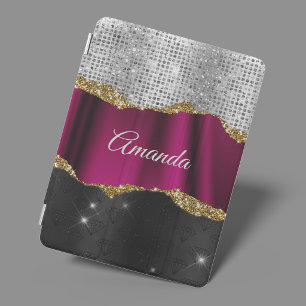 Chic faux silver glitter Fuchsia black monogram iP iPad Mini Cover
