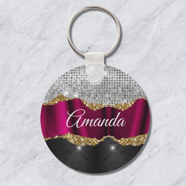 Chic faux silver glitter Fuchsia black monogram Keychain (Creator Uploaded)