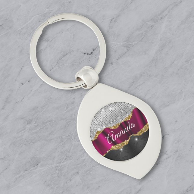 Chic faux silver glitter Fuchsia black monogram Keychain (Creator Uploaded)