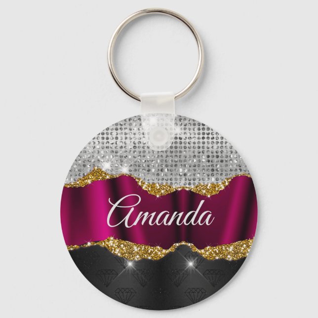 Chic faux silver glitter Fuchsia black monogram Keychain (Front)