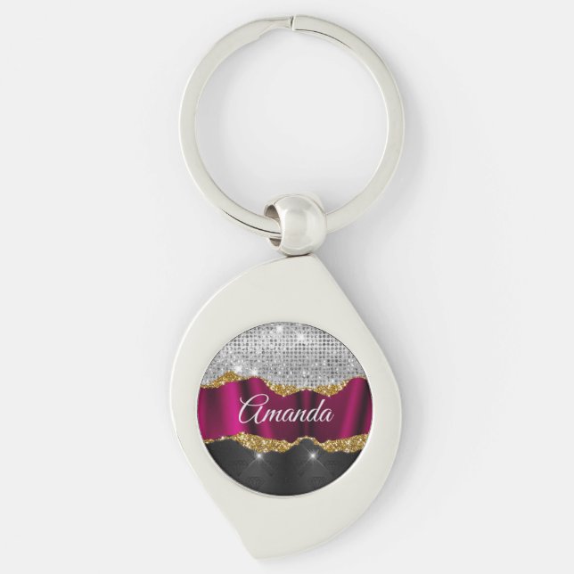 Chic faux silver glitter Fuchsia black monogram Keychain (Front)