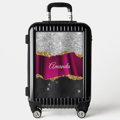 Chic faux silver glitter Fuchsia black monogram Luggage
