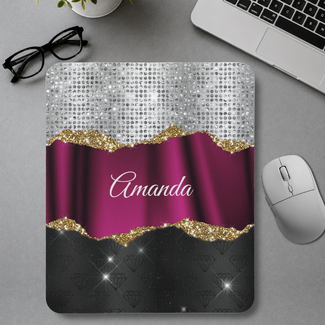 Chic faux silver glitter Fuchsia black monogram Mouse Pad (Creator Uploaded)