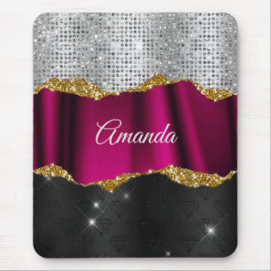 Chic faux silver glitter Fuchsia black monogram Mouse Pad