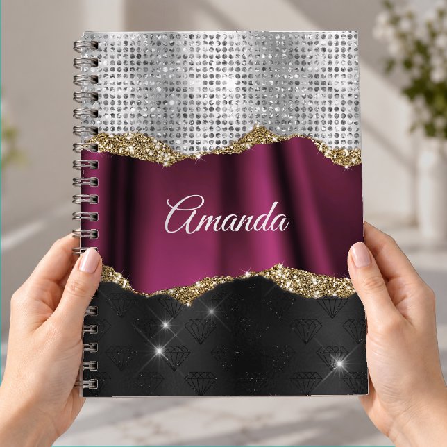 Chic faux silver glitter Fuchsia black monogram Notebook (Creator Uploaded)