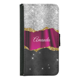 Chic faux silver glitter Fuchsia black monogram Samsung Galaxy S5 Wallet Case
