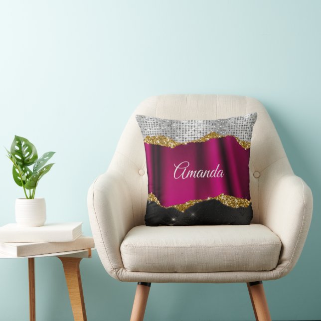 Chic faux silver glitter Fuchsia black monogram Throw Pillow (Chair)