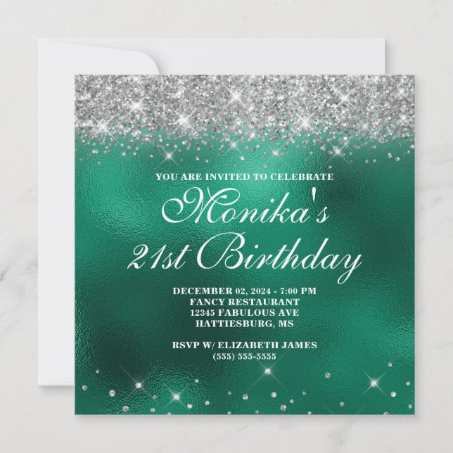 Chic Faux Silver Glitter Monogram Green Foil Ombre Invitation (Front)