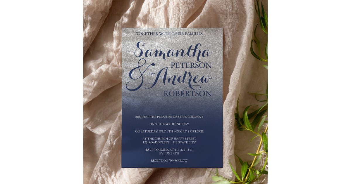 Chic faux silver glitter navy blue wedding invitation | Zazzle