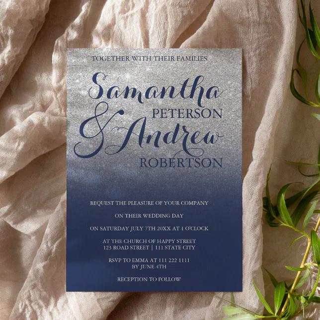 Chic faux silver glitter navy blue wedding invitation | Zazzle