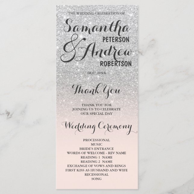 Chic faux silver glitter ombre Wedding Program (Front)