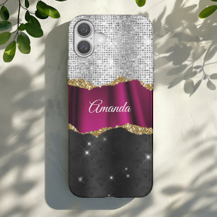 Chic faux silver glitter pink black monogram iPhone 16 case