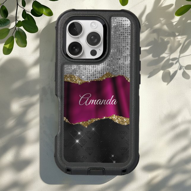 Chic faux silver glitter pink black monogram otterbox iPhone case (Creator Uploaded)