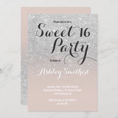 Chic faux silver glitter poppy pink ombre Sweet 16 Invitation