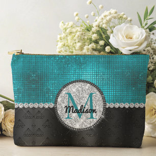 Chic faux Silver Glitter Turquoise Black monogram Accessory Pouch