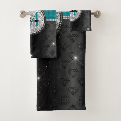 Chic faux Silver Glitter Turquoise Black monogram Bath Towel Set