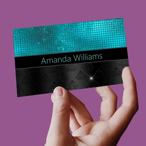 Chic faux Silver Glitter Turquoise Black monogram Business Card Magnet
