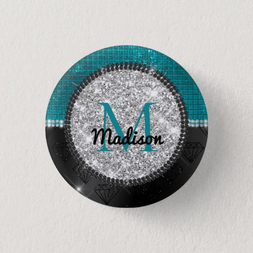 Chic faux Silver Glitter Turquoise Black monogram Button