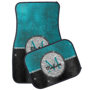 Chic faux Silver Glitter Turquoise Black monogram Car Floor Mat