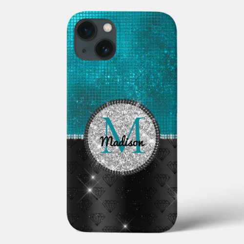 Chic faux Silver Glitter Turquoise Black monogram iPhone 13 Case