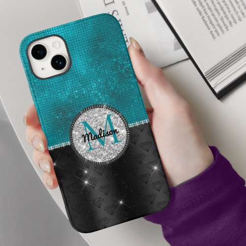 Chic faux Silver Glitter Turquoise Black monogram Case_Mate iPhone 14 Case