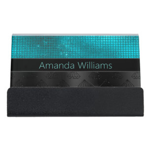 Chic faux Silver Glitter Turquoise Black monogram Desk Business Card Holder
