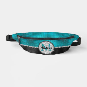 Chic faux Silver Glitter Turquoise Black monogram Fanny Pack