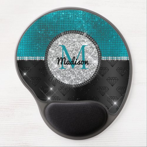 Chic faux Silver Glitter Turquoise Black monogram Gel Mouse Pad