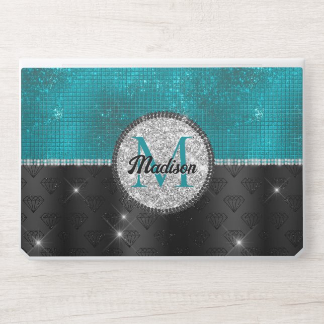 Chic faux Silver Glitter Turquoise Black monogram HP Laptop Skin (Front)