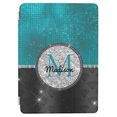 Chic faux Silver Glitter Turquoise Black monogram  iPad Air Cover