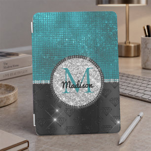 Chic faux Silver Glitter Turquoise Black monogram iPad Mini Cover