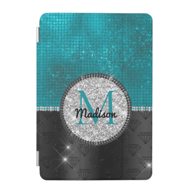 Chic faux Silver Glitter Turquoise Black monogram  iPad Mini Cover (Front)