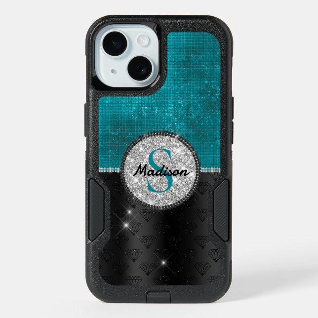 Chic faux Silver Glitter Turquoise Black monogram iPhone 15 Case (Back)