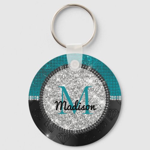 Chic faux Silver Glitter Turquoise Black monogram Keychain