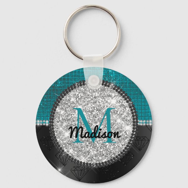 Chic faux Silver Glitter Turquoise Black monogram Keychain (Front)