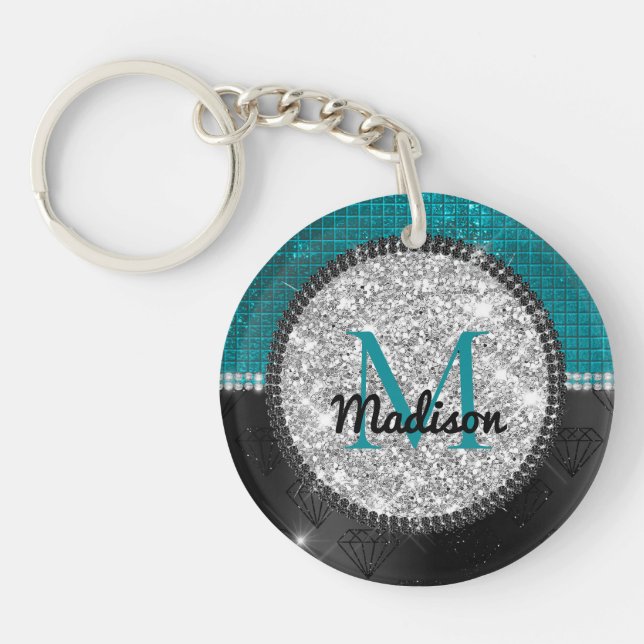 Chic faux Silver Glitter Turquoise Black monogram Keychain (Front)